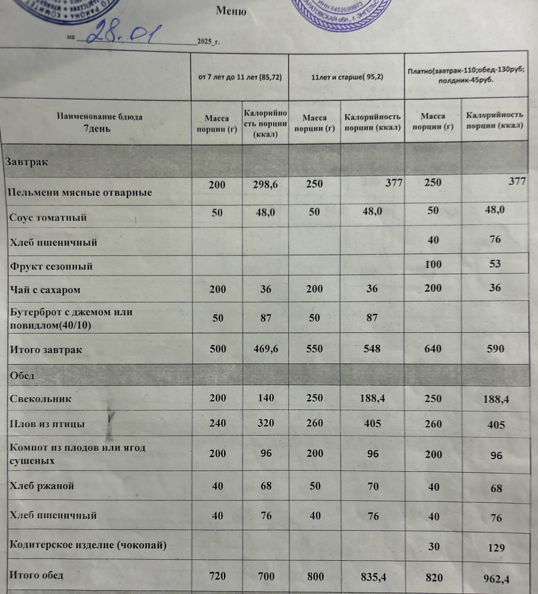 28.01.2025 меню